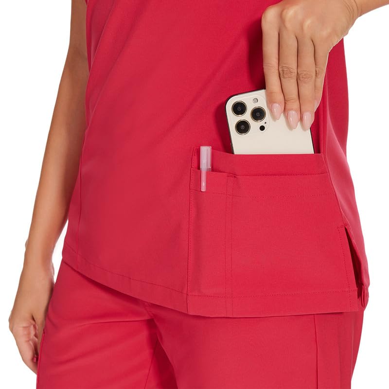 COZYFIT Scrubs for Women Set - Stretch V-Neck Scrub Top & Jogger Pant with 8 Pockets, Yoga Waistband, Anti Wrinkle, Slim Fit Women Scrubs - Rose Red, XS