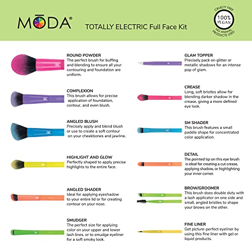 Moda Totally Electric 13pc Full Face Makeup Brush Set ? Bold, Colorful, Vegan Brushes for Face & Eye Makeup, Blending, Contouring, and More