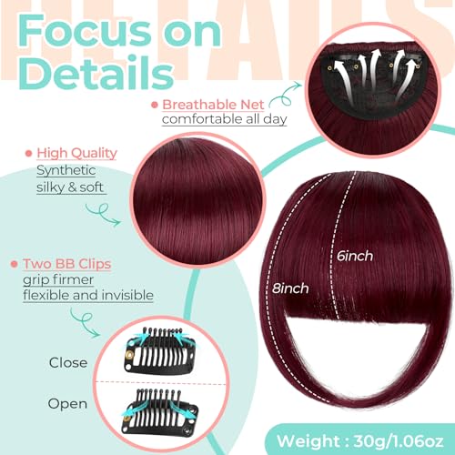 Clip-In French Bangs for Women - Synthetic Wine Red Hair Extensions