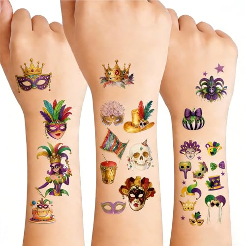 Carnival Temporary Tattoos - 10 Pack Masks, Crowns & Feathers
