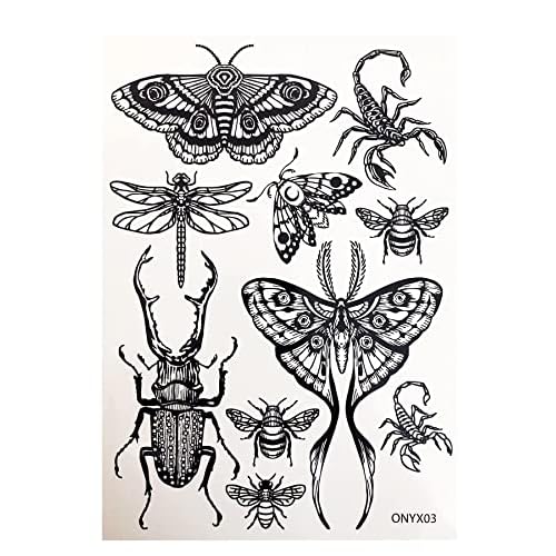 Temporary Tattoo for Adult Women - 2 Sheets - Black Big Moth Beetle Scorpion Dragonfly Bee Insect Sleeve Words Adults Tattoos