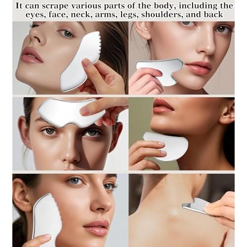 Gua Sha Facial Tools, 3 in 1 Stainless Steel Metal Guasha & Eye Cream Applicator Facial Sculpting Tool Set Eye Massager Lymphatic Drainage for Face Neck (Plastic Box 3, Count, 3)