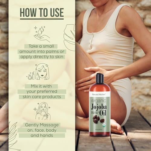 Natural Riches Organic Jojoba Oil, Pure (16 oz) | Moisturizing Oil for Face, Hair, Skin & Nails Cold Pressed Hexane Free Base Carrier oil.