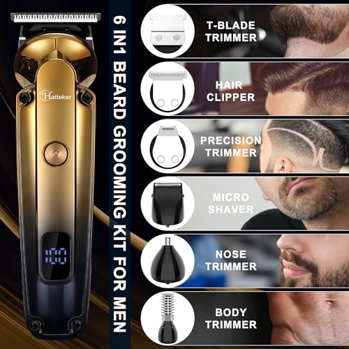 Hatteker 6-in-1 Beard Trimmer Kit - Waterproof Cordless Hair Clipper, Nose & Body Groomer