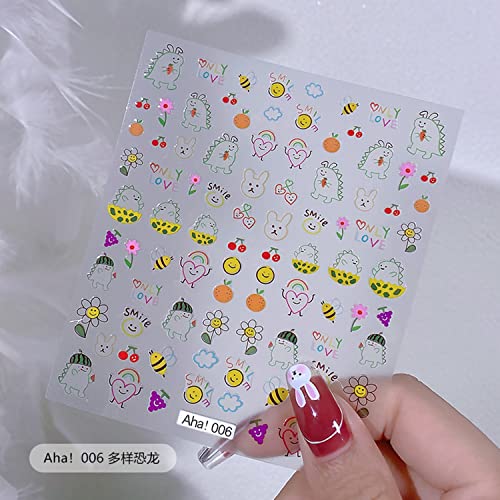 Dinosaur Nail Art Stickers Decals Cute Monster Nail Art Sticker Flower Loving Smile Decals 3D Self Adhesive DIY Design Fashion Trend Glamour Decoration Accessories for Ladies Girls Kids (2 Sheets)