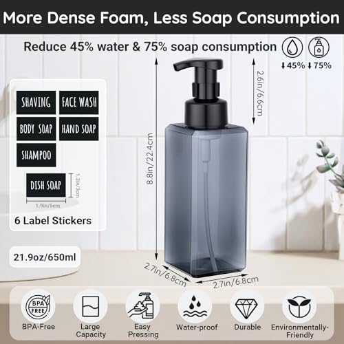 Segbeauty Empty Foam Bottle for Kitchen 22oz, 2pcs Plastic Foaming Soap Dispenser Bathroom, 650ml Gray Square Foam Pump Bottle with Label Stickers, Refillable Foaming Hand Soap Dispenser Large