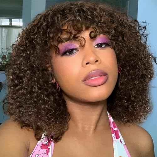 Rebecca Fashion Highlight Curly Bob Human Hair Wig with Bangs 12 Inch Short Curly Water Wave Bob Wig Human Hair Wigs for Black Women Glueless Wig 100% Brazilian Remy Hair Black Mixed Brown Color