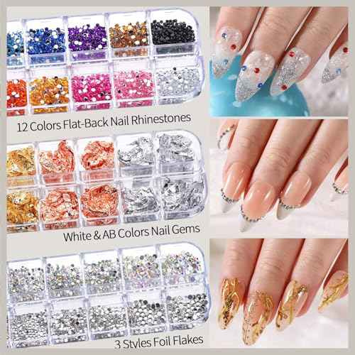 FANDAMEI Nail Design Kit, Nail Art Kit, 15 PCS Nail Brushes For Nail Art, Nail Art Tools, Rhinestones For Nails, Nail Stickers, Pearl Chrome Nail Powder, Chrome Powder For Nails, Nail Design Tools