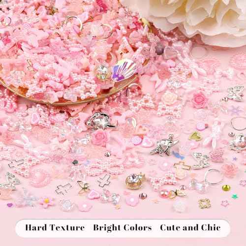 600Pcs Cute 3D Nail Charms and Gems, Pink Rabbit Bow Charms Alloy Butterfly Heart Star Nail Jewels with Nail Rhinestones, Mixed Gold Nail Studs Charms and Glitter Nail Sequins for Nail Design (Pink)