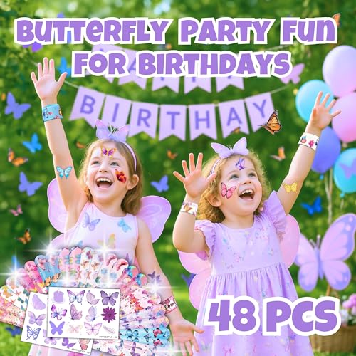 48 Pc Butterfly Party Favors Set - Temporary Tattoos & Slap Bracelets