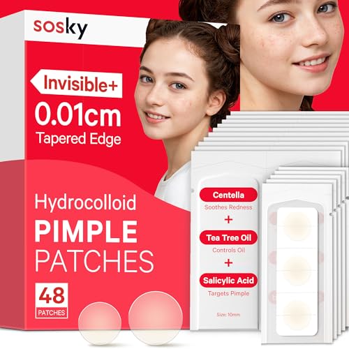 Sosky Pimple Patches for Face, Invisible Hydrocolloid Acne Patches, HSA Store Eligible Items, Zit Sticker for Face and Skin, Pimple Sticker for Covering Zits, Blemishes with Salicylic Acid 48 Count