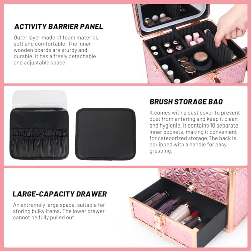 Makeup Case with Drawer, Travel Makeup Train Case with Magnetic LED Mirror, Cosmetic Organizer with Adjustable Divider - Sparkling Pink