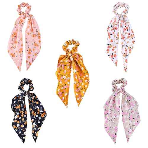 5-Piece Fabric Classic Bowknot Hair Ties, Elegant Hair Scarf Scrunchies Long Ribbon Ponytail Holders Head Bands, Elastic Vintage Bow Tie Hair Accessories for Ladies Women Girls (Flower Print)