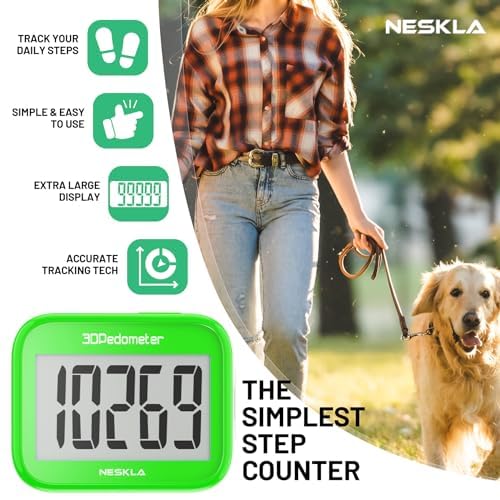 NESKLA 3D Pedometer for Walking, Simple Step Counter for Walking with Large Digital Display, Step Tracker with Removable Clip Lanyard, Accurately Track Steps for Men Women Kids Adults Seniors, Green