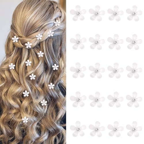 20Pcs White Flower Hair Clips with Rhinestones for Weddings