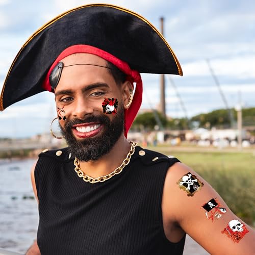 Cheerland Pirate Temporary Tattoo for Party Favor Pre-cut Pirate Ship Theme Decor Summerween Birthday Decorations Halloween Skull Crossbone Treasure Map Tattoo Face Stickers Party Supplies 108Pcs