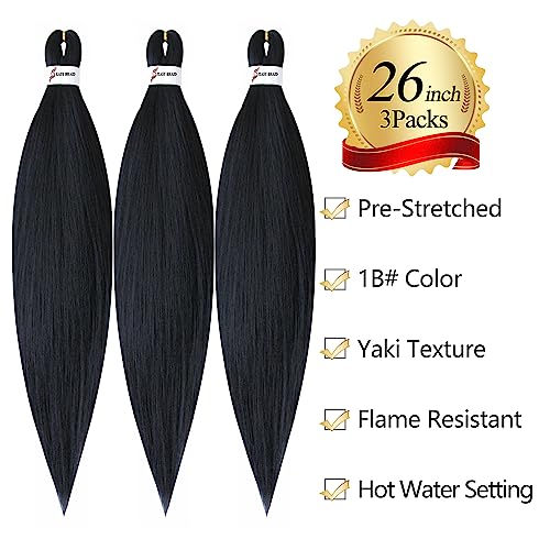 26 inch 3Packs (9.51 OZ.) Pre-Stretched Braiding Hair Easy Braid Professional Itch Free Synthetic Fiber Easy Braid Crochet Hair Hot Water Setting Professional Soft Yaki Texture (26 inch, 1B)