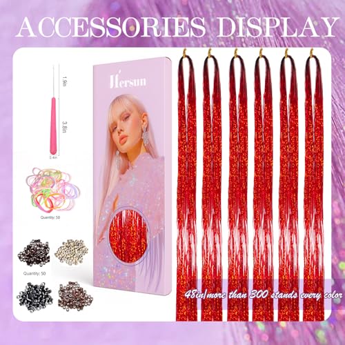 Hersun Red Hair Tinsel Kit 10 Packs 3000 Strands, 48in Long Glitter Extensions with Tools