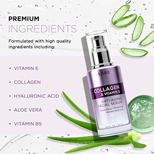 AZURE Collagen & Vitamin E Anti Aging Facial Serum - Restoring, Smoothing & Hydrating Face Serum - Reduces Fine Lines & Wrinkles, Repairs Dry, Tired & Dehydrated Skin - Skin Care Made in Korea - 50mL