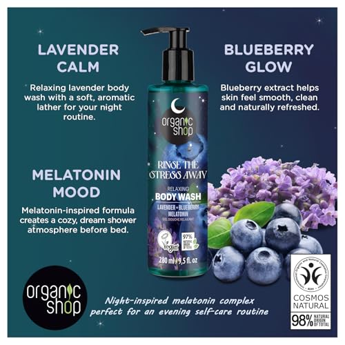 Organic Shop Relaxing Body Wash with Organic Lavender, Blueberry & Melatonin, Natural Vegan Shower Gel, Paraben Free, Silicone Free, Gentle Moisturizing Bodywash for Women & Men, Made in Europe