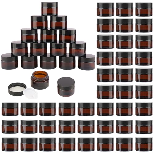 50 Pack 1 oz Amber Glass Jars with Black Lids