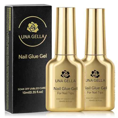UNA GELLA 6 in 1 Gel Nail Glue for Acrylic Nails Tips 2 Pcs 10ml Super Strong Nail Glue Long Lasting Brush On Nail G el Glue Curing Needed U V for Base Coat, Soft Gel Nail Tips, Clear Press on Nails