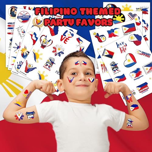 96PCS Philippines Filipino Flag Pride Pre-Cut Temporary Tattoos for Kids Themed Birthday Party Decorations Supplies Decor Favors Super Cute Flag Tattoo Stickers Gifts For Boys Girls Rewards Carnival