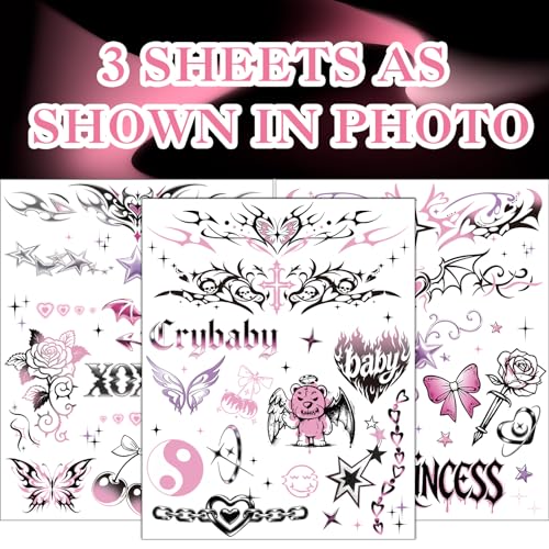 Y2K Temporary Tattoos - 3 Sheets Waterproof Fake Tats
