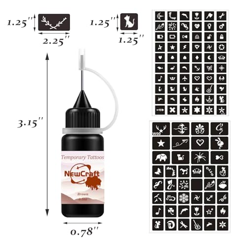 Temporary Tattoo Kit with 102 Stencils & 3 Brown Ink Bottles