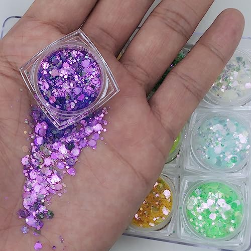 LuckForever 12 Colors Chunky Body Glitters Spring/Summer Collection Star River Glitter Glitter Mix Nail Glitter Flakes Illusion Candy Sequins Powder for Acrylic Nails Crafts Paints Resin Cosmetics