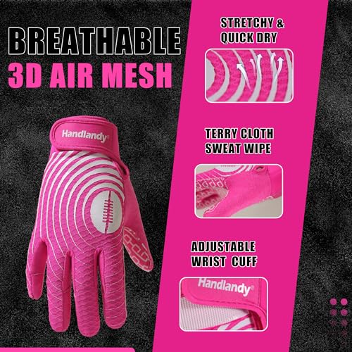 HANDLANDY Youth Football Gloves, Sticky Wide Receiver Gloves for Kids & Adult, Pink Stretch Fit Football Gloves (Pink and White, X-Small)