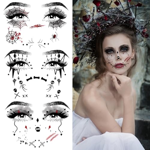 8 Pcs Horror Halloween Face Makeup Tattoos Stickers Clown Spider Web Undead Spirit Vampire Eyeshadow Temporary Sticker Scary Fake Freckles Face Tattoos for Day of Dead Carnival Party Decoration