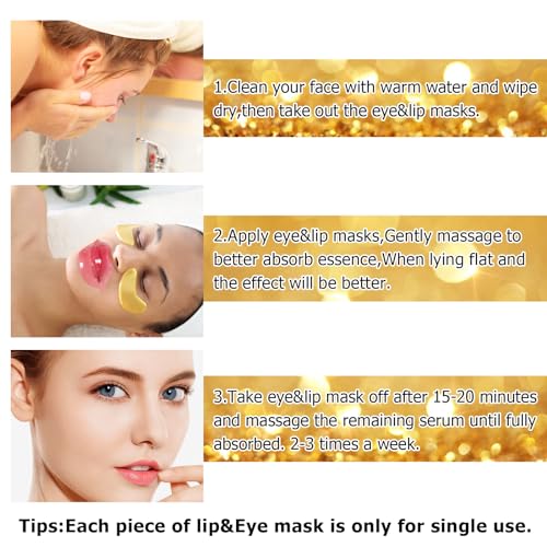 Jakuva 30 Pairs Lip Masks & Eye Masks,Gold Under Eye Patches for Puffy,Peach Red Lip Masks Skincare,Effectively Moisturizing Facial Skin, Anti-Aging, Reducing Fine Lines, Nourishing for Face Care