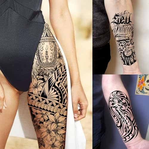 20 Sheets Maori Flower Full Arm Sleeve Temporary Tattoos For Women Adults Thigh, Half Arm Sleeve Tattoos For Men Prayer Rose Peony Florals Eagle Wolf Angel Wings, Black Halloween Fake Tattoo Stickers
