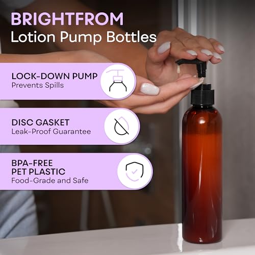 8 OZ Amber Lotion Pump Bottles, BPA-Free Refillable (3-Pack)
