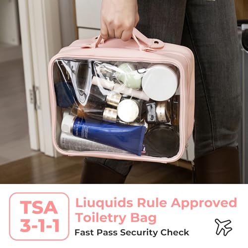 GRANNY SAYS TSA Approved Toiletry Bag, Clear Makeup Bag, Travel Toiletry Bag for Women, Leather Travel Cosmetic Bag, Portable PVC Waterproof Bag, Large Makeup Organizer, Pink