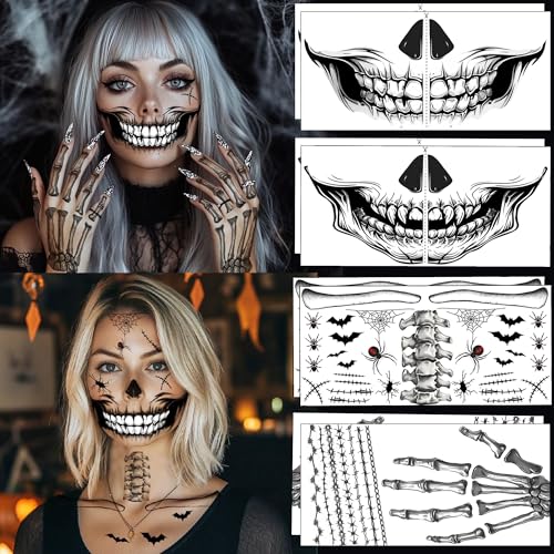 Halloween Skeleton Face Temporary Tattoo Stickers, 8-Pack