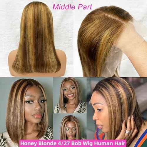Ombre Honey Blonde Bob Wig Human Hair Highlight 13x4 Hd Lace Front Wigs Human Hair Pre Plucked 14 Inch Middle Part 4/27 Colored Glueless Lace Frontal Wigs(14 Inch, 4/27 Highlight)
