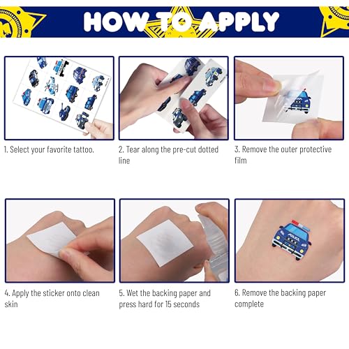 96 PCS Police Car Police Officer Policeman Pre-Cut Temporary Tattoos for Kids | Super Cute Theme Birthday Party Favors, Supplies, Decorations, Fake Tattoo Stickers (Multiple)