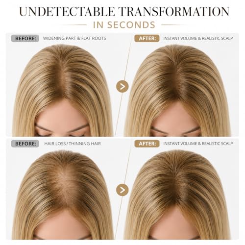 HAIRHOO 12 Inch Ombre Brown Blonde Highlights Hair Topper for Thinning Hair, Real Human Hair, 3.5x4.5 Inch Silk Base, Lightweight Daily Wear