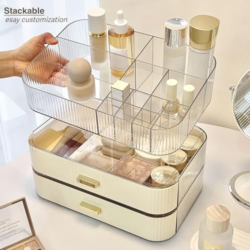 Makeup Organizer With Stackable Drawer, Cosmetic Storage Display Case for Vanity, Bathroom Countertop or Dresser,Counter top Holder for Lipstick, Brushes, Lotions, Eyeshadow, Nail Polish