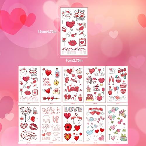 Valentine's Day Temporary Tattoos for Kids - 10 Sheets with 80 Designs