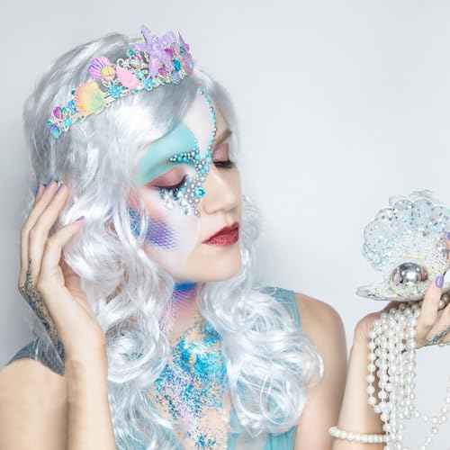 CAVETEE Mermaid Birthday Crown, Mermaid Rhinestones Tiara Mermaid Party Tiara Birthday Party Crown for Women, Party Favor Hair Accessories for Birthday Prom Theme Party Halloween, Pink