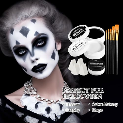 Black & White Face Paint Kit ? Large 50g Oil-Based Grease Makeup Jars with Remover, 5 Brushes & 4 Sponges ? Halloween, Cosplay & Stage SFX Makeup Set