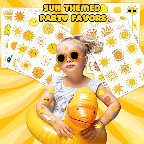 96 PCS Yellow Sun Pre-Cut Birthday Party Decorations Favors Supplies Gold Hippie Sun Smile You Are My Sunshine Decor Temporary Tattoos Stickers for Girls Boys Cute Gifts School Prizes Rewards