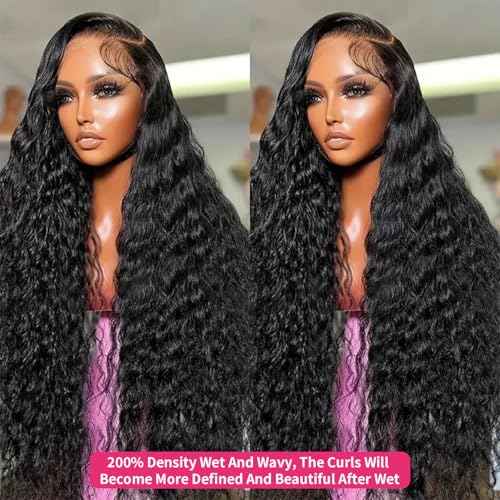 28 Inch 13x6 Lace Front Wigs Human Hair Water Wave 200 Density 13x6 HD Full Lace Frontal Wigs Pre Plucked Wet and Wavy Glueless Deep Curly Human Hair Wigs for Women Natural Black