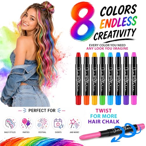 Jim&Gloria Washable Hair Chalk Kit - 8 Vibrant Colors for Kids