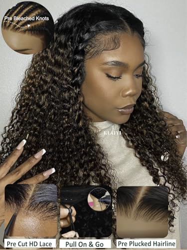 KLAIYI Ombre Brown Water Wave Glueless Wig 26 Inch Human Hair