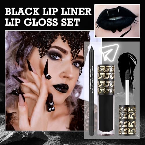 Black Matte Lipstick & Lip Liner Set - Waterproof, Long-Lasting