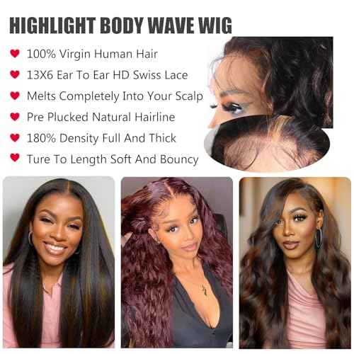 13x6 Lace Front Wigs Human Hair Balayage Highlight Ombre Body Wave Lace Front Wigs Human Hair Pre Plucked 180% Density HD Lace Glueless Wigs for Black Women 26 Inch FS1B/30